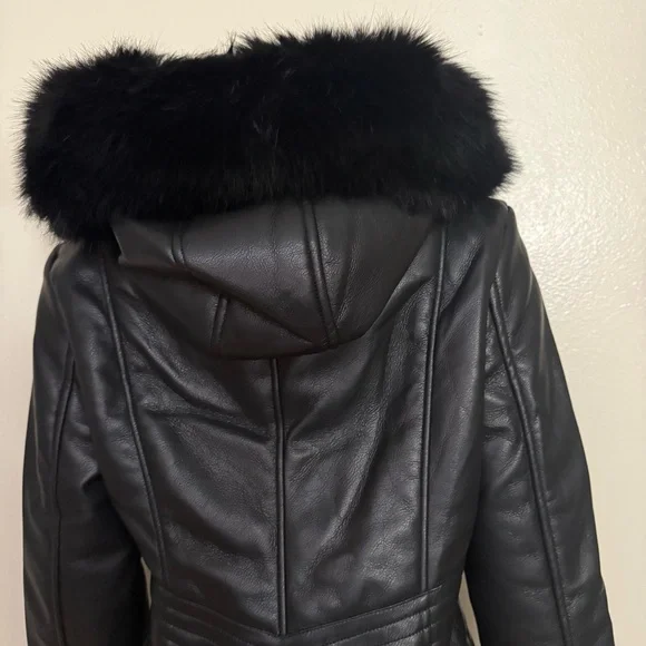 Black PU leather long jacket with sherpa lining removable faux fur on hoodie - Picture 7 of 14